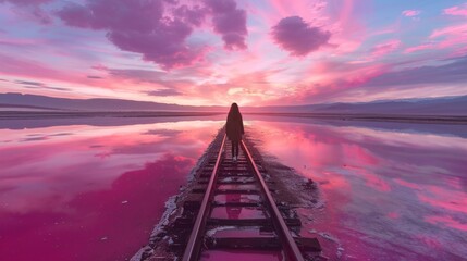 A lone figure walking along the railroad tracks against the backdrop of sunset.   T would be suitable for illustrations for articles about travel, adventure and self-discovery.
