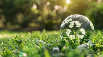 A transparent globe with a recycling symbol on green grass epitomizes the ideas of sustainability and respect for nature. for presentations on environmental initiatives,