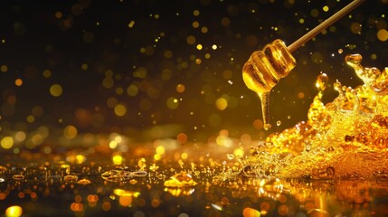 Golden honey drips off the spoon, creating an appetizing and sunny composition. The image is ideal for advertising natural products, cooking blogs and articles about healthy eating.