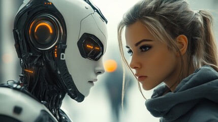 Fototapeta premium Interaction between a human and a humanoid robot in a futuristic urban setting during twilight. Generative AI