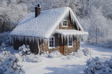 A cozy snow-covered cottage with icicles hanging from the roof, nestled in a quiet winter wonderland