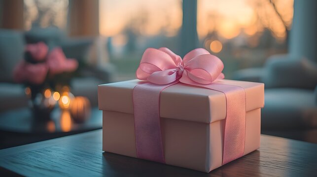 Pastel Wrapped Gift Box with Delicate Ribbons on Minimalist Coffee Table