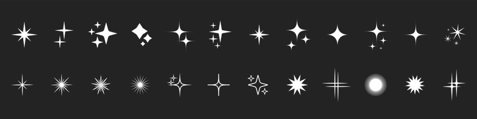 Retro star of different shapes flash silhouette set, Collection of twinkle particle stars and rays decorative symbols for design. Vector icons y2k style basic shapes geometric graphic elements.