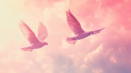 Obraz premium creative visualization of lovebirds flying together in a dreamy, pastel-colored sky