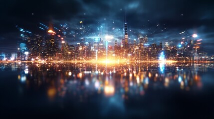 Futuristic cityscape reliant on sustainable energy with vibrant lights and reflections at night