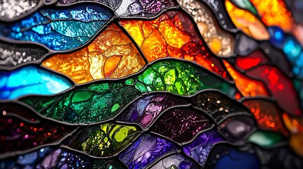 Abstract colorful stained glass texture with vibrant hues and intricate details.
