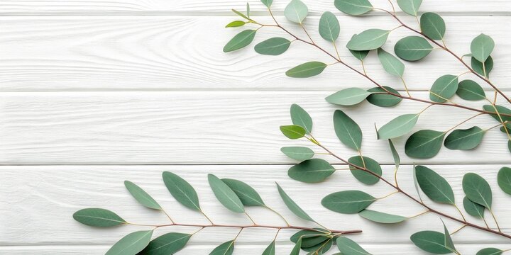 A serene arrangement of eucalyptus sprigs on a white wooden surface, creating a calming and minimalist design