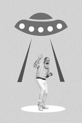 Creative artwork photo collage surrealism absurd fly ufo spacecraft kidnapping old funny...