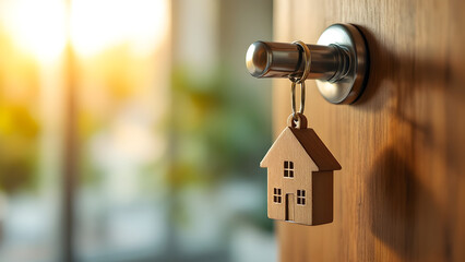 Detailed macro shot of a shiny metal key with a house-shaped keychain in a modern wooden door lock, with a soft focus on warm sunlight in the background, symbolizing real estate and security.