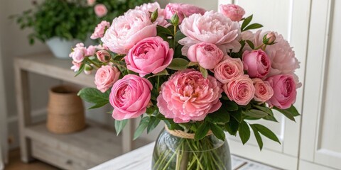 A Delicate Bouquet of Pastel Pink Peonies and Roses in a Glass Vase