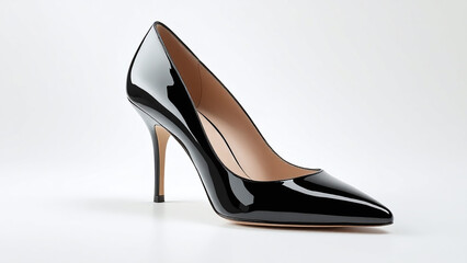 Fototapeta premium Elegant black high heel shoe with a glossy finish against a clean white background.