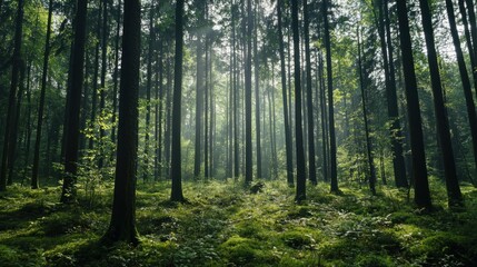 Obraz premium Sunlit Forest Path: A Tranquil Scene of Nature's Majesty