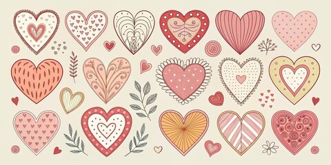 A delightful collection of hand-drawn hearts featuring various patterns and styles, perfect for romantic designs.