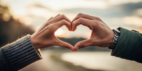 A loving couple forms a heart shape with their hands, bathed in the warm glow of the setting sun, a symbol of their enduring affection and commitment.
