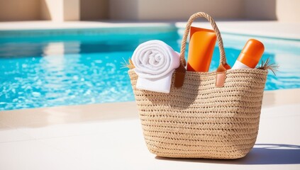 Swimming pool essentials concept. Beach bag with items for safe sunbathing near swimming pool, white blanket and sunscreen product
