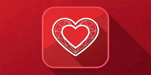 A Red Heart Icon with Geometric Pattern and Long Shadow on a Red Polygonal Background