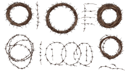 Collection of Barbed Wire Wreaths and Shapes for Design Projectson white and transparent Background