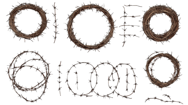 Collection of Barbed Wire Wreaths and Shapes for Design Projectson white and transparent Background