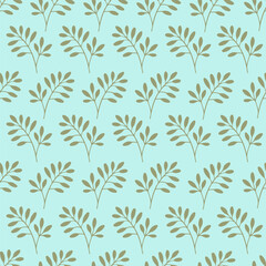 Seamless botanical pattern with green branches, leaves on a blue background