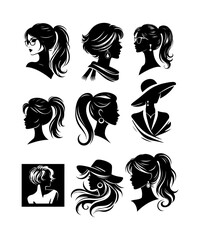 Set of silhouettes, portrait adult female face vector illustrations collection