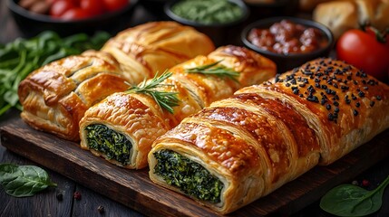 Assorted Savory Pastries Artfully Displayed on Rustic Wooden Tray