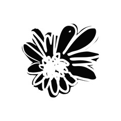 Hand drawn black ink abstract daisy flower silhouette isolated on white background. Monochrome scribble style bloom. Sketchy minimalist floral design.