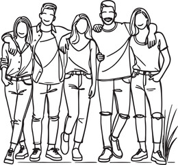 Bond of Friendship. Group of People Standing Together in Line Art Style