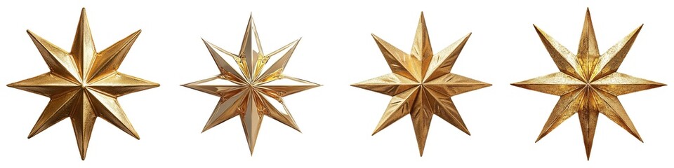 Set of Sophisticated Golden Star with Intricate Details and Symmetrical Design on Transparent Background