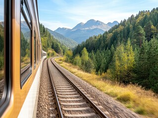 Fototapeta premium Scenic Interior View of a Train with Clear Window Showcasing Mountainous Railway Landscape and Lush Green Forest