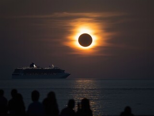 Cruise ship sails under a solar eclipse at sunset with silhouettes of spectators on the shore