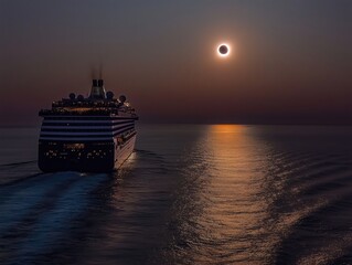Cruise ship sailing into the sunset during a solar eclipse over calm waters