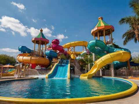 Toboganes en un colorido parque acu&aacute;tico
