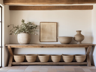Rustic tribal and nomad style hallway with wodden beams, reclaimed wood furniture and rustic pottery. White walls and open wood beams.