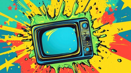 Retro TV with vibrant paint splatter, pop art style.