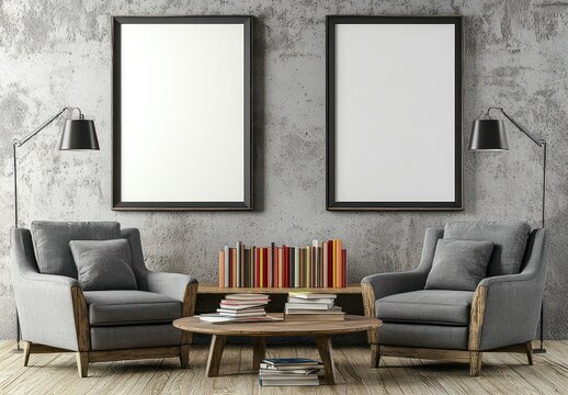 Peaceful space featuring two vertical frames, grey armchairs, books, and a coffee table in front.
