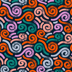 Fototapeta premium Funky colorful seamless pattern with squiggles, swirls and doodle bold brush strokes. Hand drawn vector background with graphic grunge lines, curls and spirals. Confetti swirls texture.
