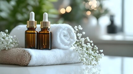 Minimalist spa scene presents amber essential oil bottles, rolled towels, and baby's breath flowers on white ceramic tile, creating serene wellness atmosphere with crisp details.