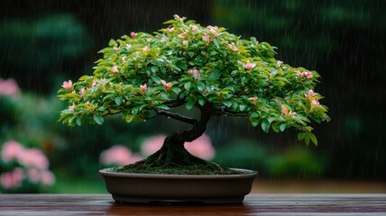 A beautiful bonsai tree in a pot, showcasing vibrant green leaves and delicate flowers.