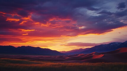 Obraz premium Fiery Sunset over Sand Dunes: A Dramatic Landscape Painting