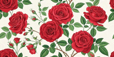 A lush seamless pattern featuring vibrant red roses and their budding blossoms, elegantly arranged on a creamy off-white background