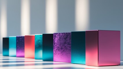 A row of colorful cubes with a metallic finish.