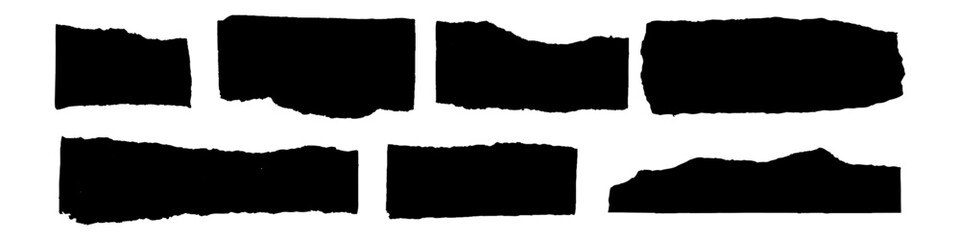 Torn pieces of tape paper, oblong black scotch tapes, vintage silhouette stickers torn edge, vector illustration.
