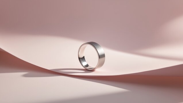 A simple and elegant silver ring on a pink background.