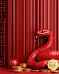 Fototapeta premium Red lanterns and snake zodiac concept for Lunar New Year celebration. Red snake with gold coins and decorations on a vibrant red background