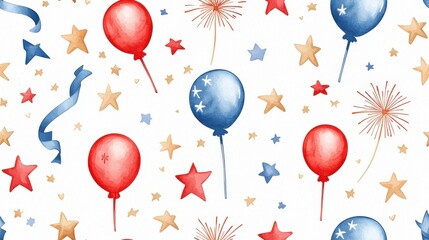 Colorful Watercolor Balloons and Stars Pattern for Celebrations, Birthdays, and Festive Events