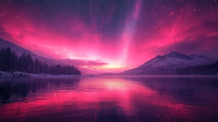 Pink aurora borealis reflected in a calm lake surrounded by snowy mountains at night.
