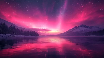 Gardinen Pink aurora borealis reflected in a calm lake surrounded by snowy mountains at night. © TITISCAHYA