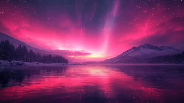 Pink aurora borealis reflected in a calm lake surrounded by snowy mountains at night.