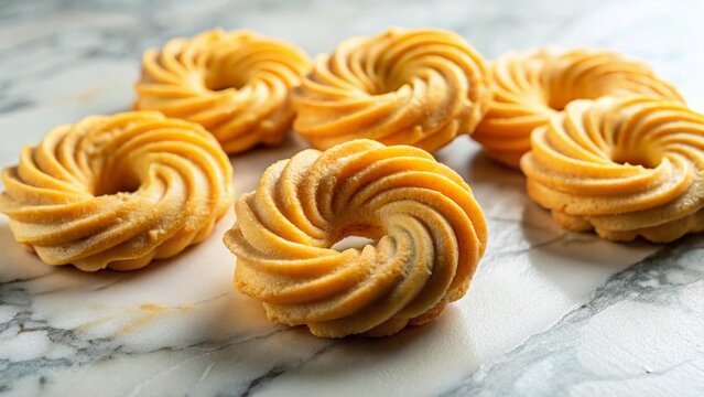 Close-up Macro Shot of Delicious Torcetti Butter Cookies on a Marble Countertop