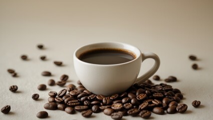 Obraz premium Aromatic Coffee in a White Cup with Roasted Beans on a Pale Surface.
